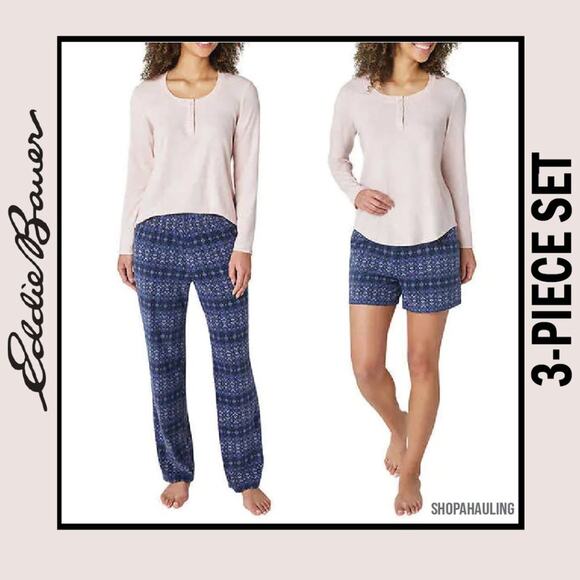Eddie Bauer -  Fleece Cozy Pajamas Set Pant Short Tee - Soft Pink Blue - Size XL - Picture 1 of 11